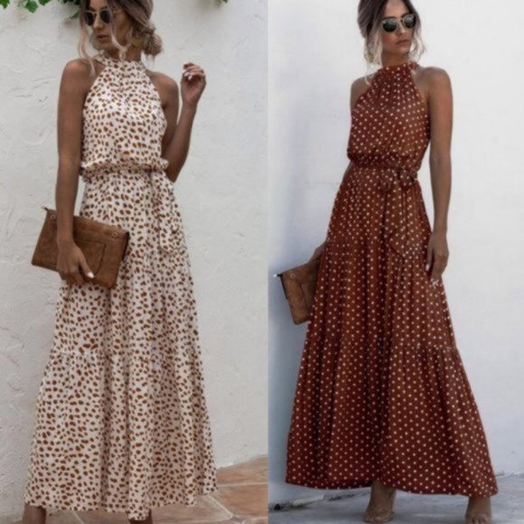 Dresses & Skirts - STEVIE Polka Dot Halter Maxi - COFFEE